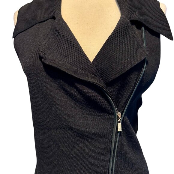Cache Black 2 WAY Diagonal Rhinestone ZIPPER Rib Knit Top Wayne Rogers - Picture 2 of 14
